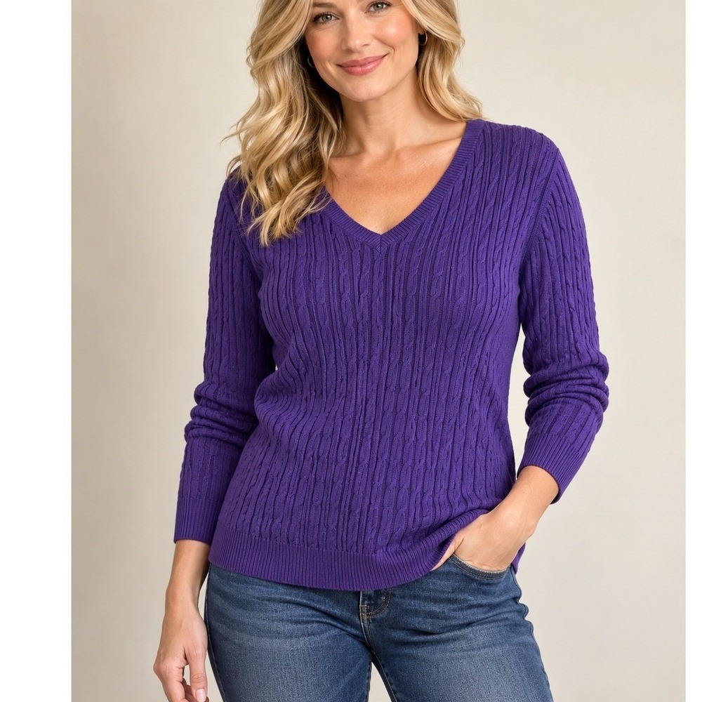 Sonoma Cable Knit Sweater Women Large Purple NWT V-Neck Cotton Long Sleeve